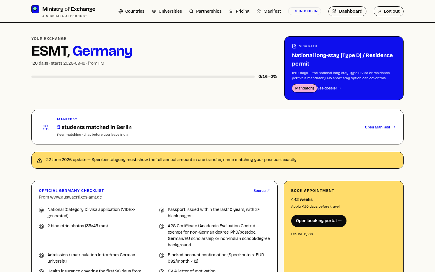 Northstar dashboard showing Germany's official checklist, next-appointment window, and 22 June 2026 Sperrbestätigung policy update.