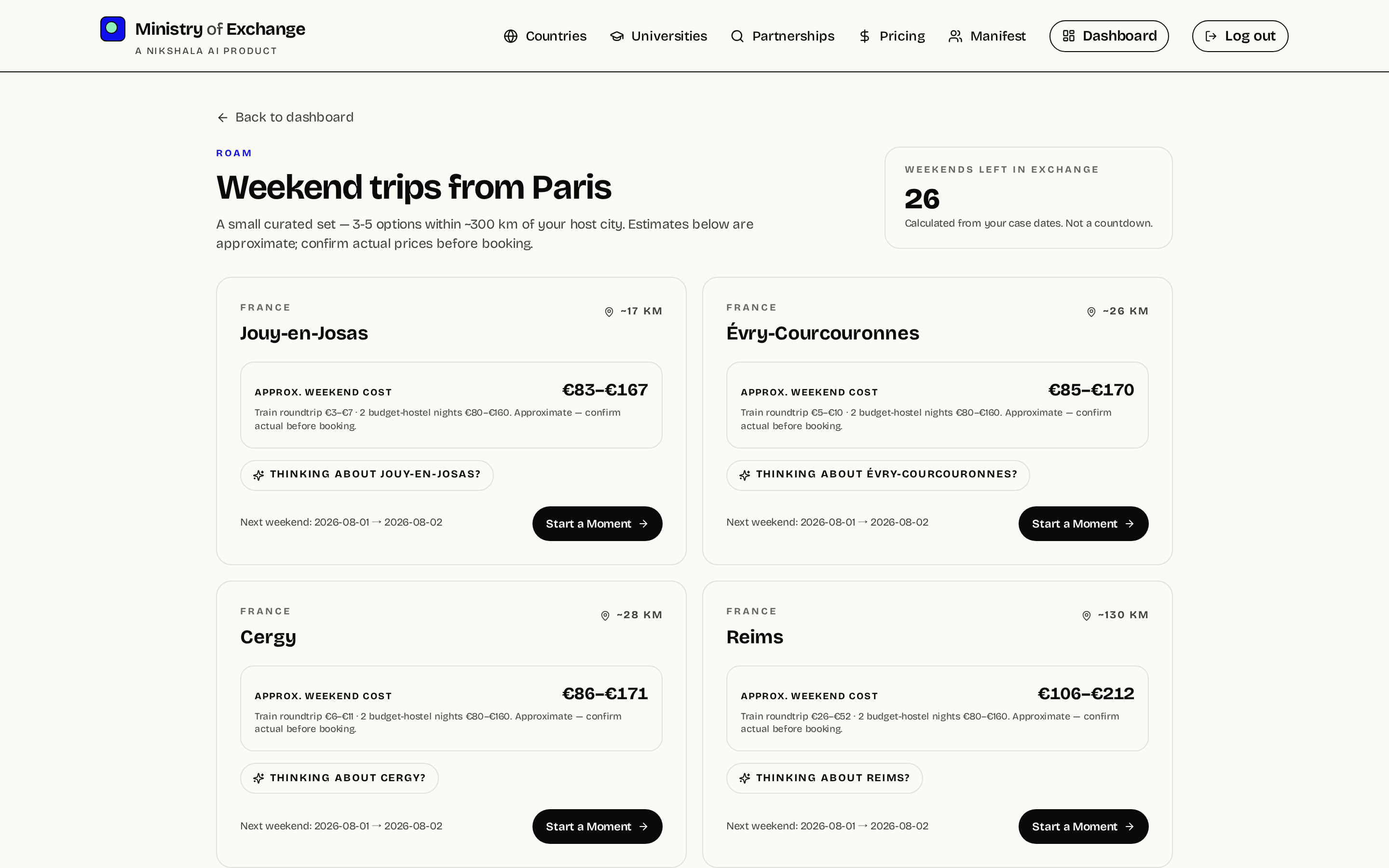 Drift page for a Paris-based student showing 5 curated weekend destinations (Jouy-en-Josas, Évry-Courcouronnes, Cergy, Reims, Troyes) with real distances, real cost ranges, and a Trip-Intent toggle on each card.
